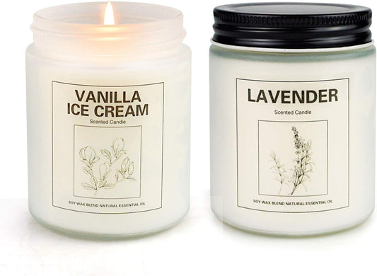 Lavender and Vanilla Candles Gifts for Women 7 Oz 50 Hrs Burn Soy Candles Set Highly Scented Aromatherapy Candles for Home and Women Gifts, 2 Pcs