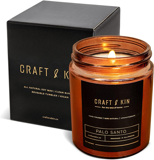 Craft and Kin Candle, Premium Scented Candles for Men & Women, Palo Santo Candles, Summer Candle, Soy Candles for Home Scented, 8 Oz 45 Hour Burn, Mens Candles for Home, Masculine Candle in Amber Jar