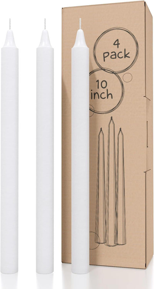 White Taper Candles Pack of 4 - Straight Candles 10 Inch Ideal as Unscented Candles, Dinner Candles and Table Candles - Slow Burning Candles Dripless - Smokeless Long Candlesticks