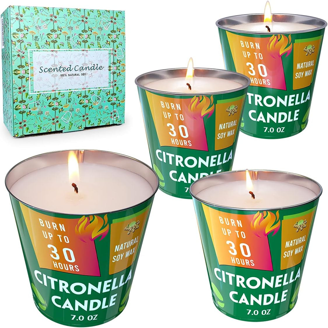 Summer Citronella Candles Outdoor, 4 Packs Natural Soy Wax Lemongrass outside Indoors Bugs off Candles in Green Metal Buckets for Home Patio Porch