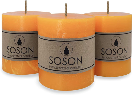 3X3 Inch Orange Candles Pillar, Fall Pillar Candles Set of 3, Rustic Texture, Unscented Orange Pillar Candles for Fall, Dripless Candles, 3 Inch Orange Candles, Fall Candles