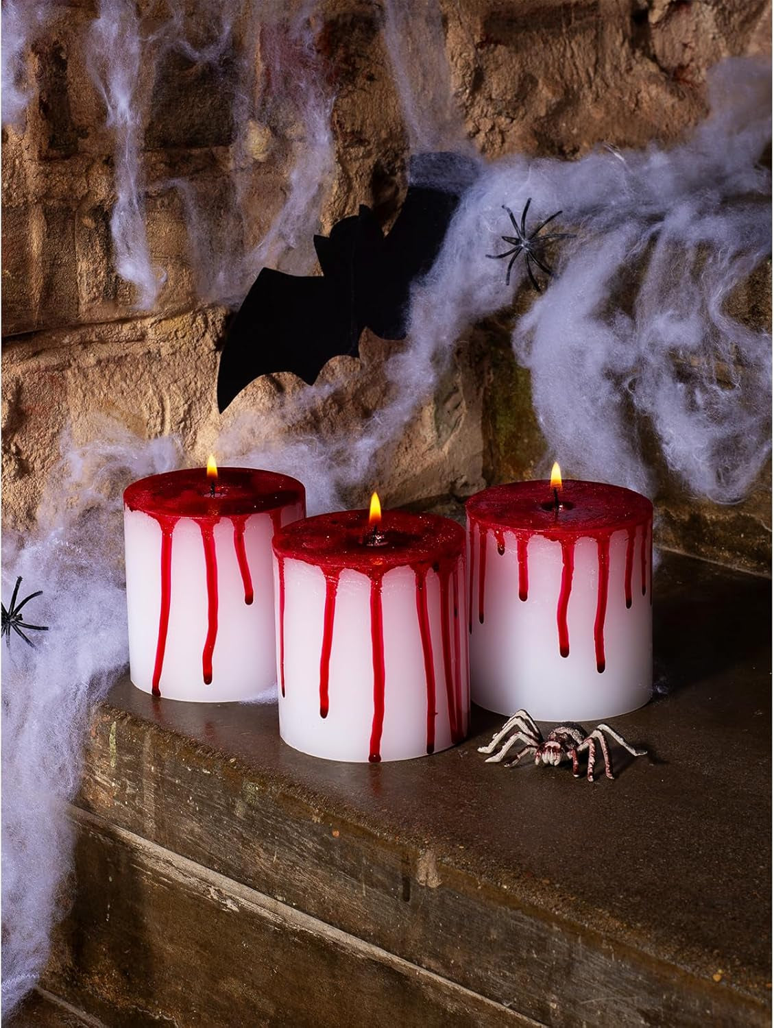 3X3 Pillar Candles Set of 3 - No Drip Candles - Decorative Candles Unscented Ideal as Halloween Candles and Bloody Halloween Decor - Bloody Candles Pillar