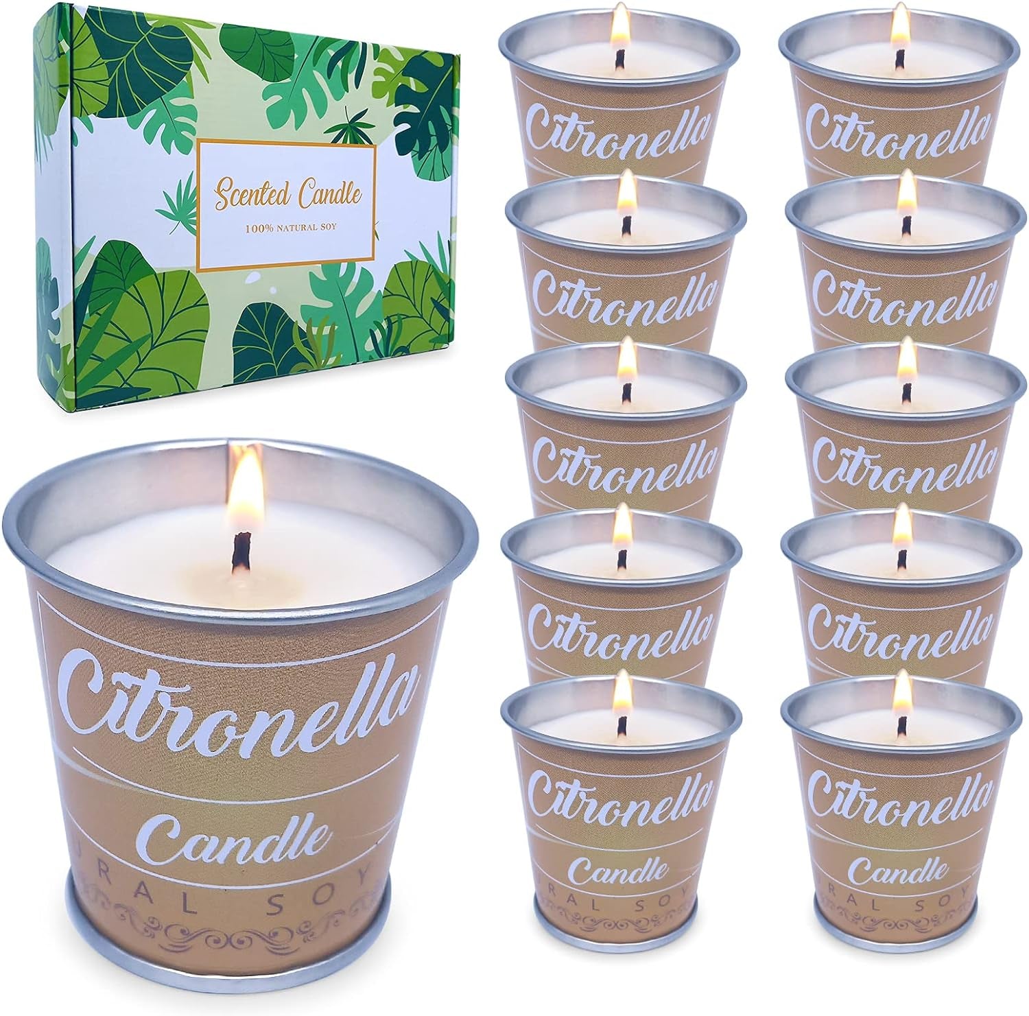 Citronella Candles Outdoor Small Natural Soy Wax Bulk Lemongrass Scented Bucket Summer off Candles for Home Patio Porch Outside, Set of 12